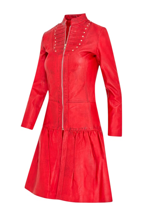 Damen-Ribet Goth Rotleder, viktorianischer Nietenmantel mit Flare – Nebel - Image 3