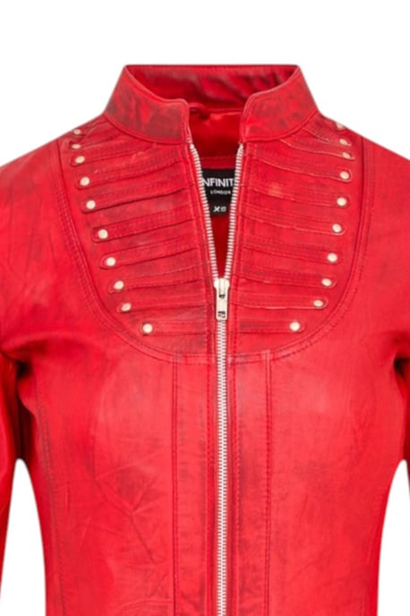 Damen-Ribet Goth Rotleder, viktorianischer Nietenmantel mit Flare – Nebel - Image 6