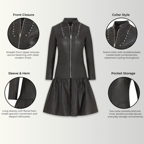 Damen-Goth-Schwarzer viktorianischer Ledermantel mit Nieten – Ribet - Image 2
