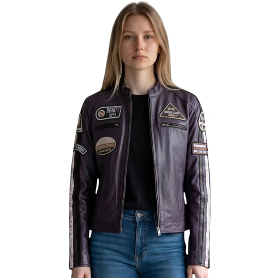 Damen-Biker-Rennabzeichen Lila Lederjacke – Incheon - Image 1