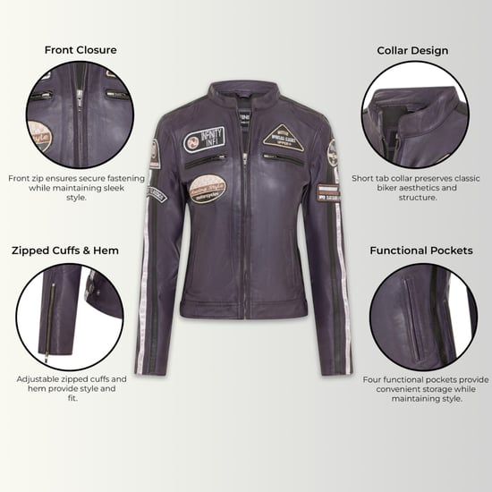 Damen-Biker-Rennabzeichen Lila Lederjacke – Incheon - Image 3