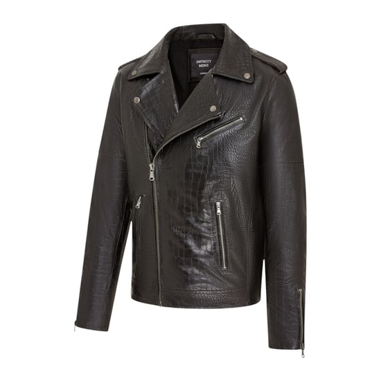 Herren Schwarze Kuhleder-Alligatoren-Muster-Bikerjacke – Rot - Image 3