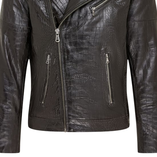 Herren Schwarze Kuhleder-Alligatoren-Muster-Bikerjacke – Rot - Image 6