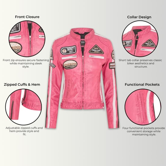 Damen-Biker-Rennabzeichen Fuchsia-Lederjacke – Eastleigh - Image 2