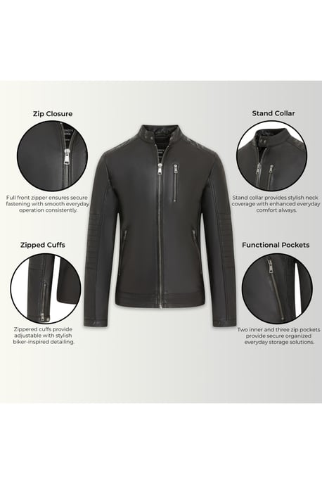 Herren gesteppte schwarze Lammleder-Bikerjacke – Raven - Image 4