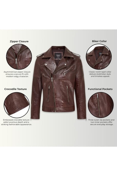 Herren braune Kuhleder-Alligatoren-Muster-Bikerjacke – Forge - Image 4