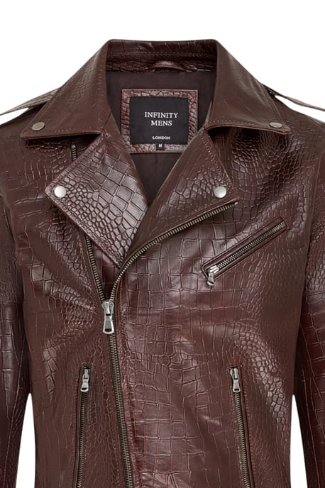 Herren braune Kuhleder-Alligatoren-Muster-Bikerjacke – Forge - Image 6