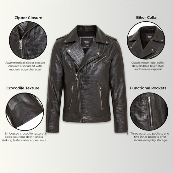 Herren schwarze Kuhleder-Alligatoren-Jacke mit geprägtem Biker-Muster – Kölnisch-Cologne - Image 3
