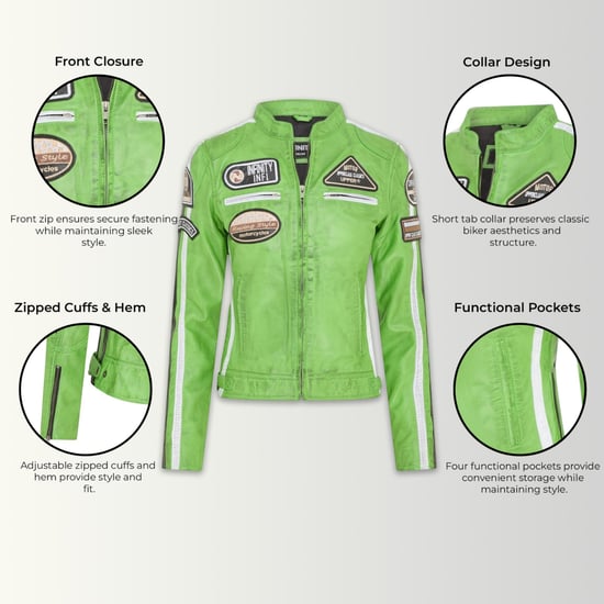 Damen-Biker-Rennabzeichen grüne Lederjacke-Incheon - Image 3