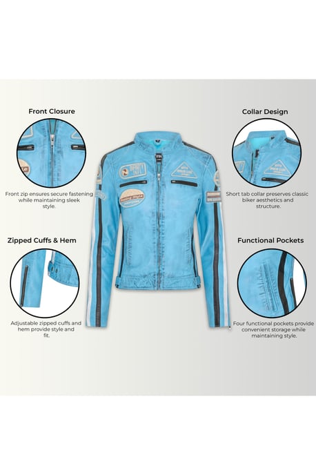 Damen-Biker-Rennabzeichen Blaue Lederjacke-Ahorn - Image 4