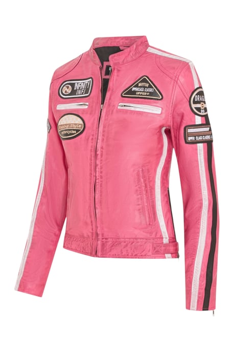 Damen-Biker-Rennabzeichen Fuchsia-Lederjacke-Ahorn - Image 3
