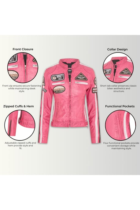 Damen-Biker-Rennabzeichen Fuchsia-Lederjacke-Ahorn - Image 4