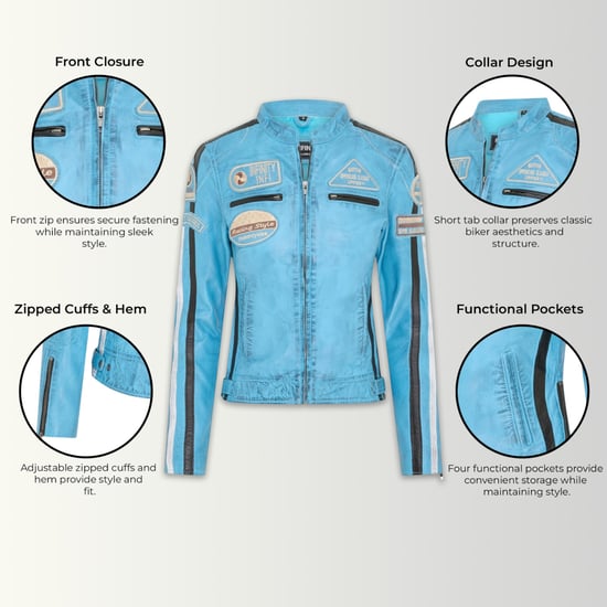 Damen-Biker-Rennabzeichen Blaue Lederjacke – Eastleigh - Image 2