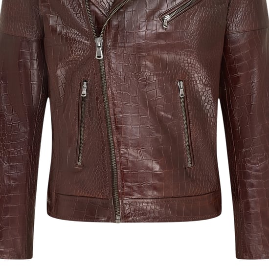 Herren braune Kuhleder-Alligatoren-Muster-Bikerjacke – Rot - Image 6