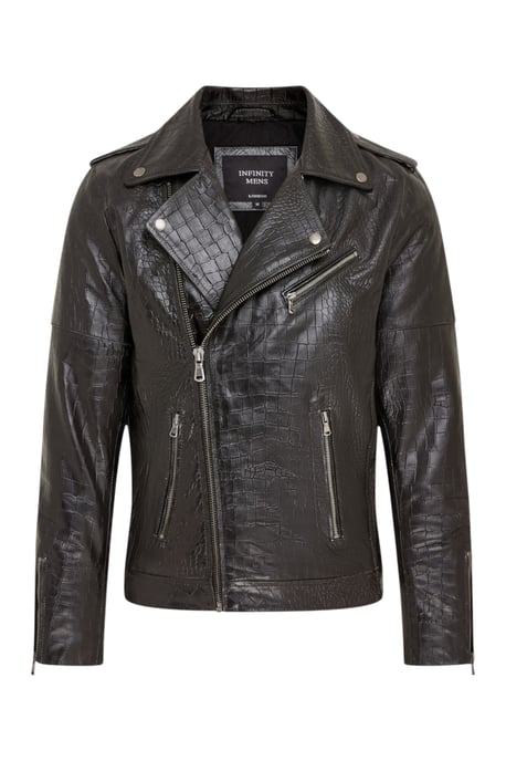 Herren schwarze Kuhleder-Alligatoren-Jacke mit geprägtem Biker-Muster – Forge - Image 2