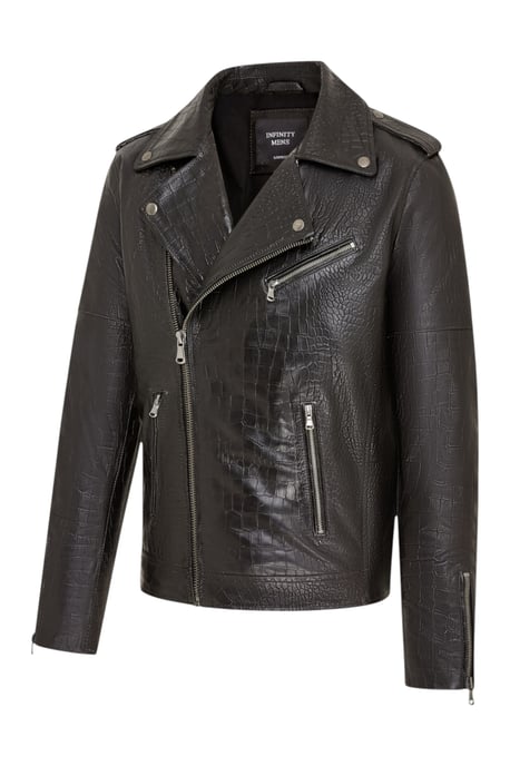 Herren schwarze Kuhleder-Alligatoren-Jacke mit geprägtem Biker-Muster – Forge - Image 3