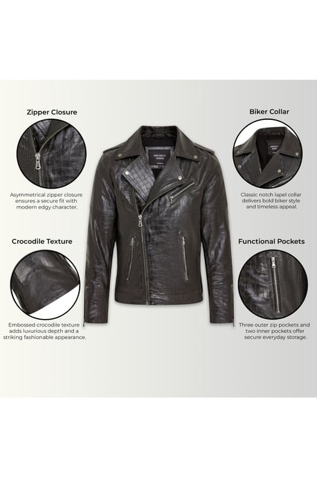Herren schwarze Kuhleder-Alligatoren-Jacke mit geprägtem Biker-Muster – Forge - Image 4