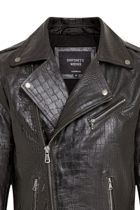 Herren schwarze Kuhleder-Alligatoren-Jacke mit geprägtem Biker-Muster – Forge - Image 6