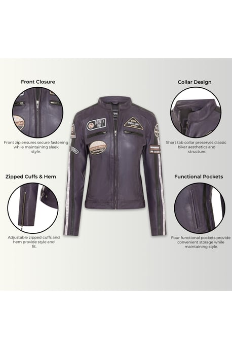 Damen-Biker-Rennabzeichen Lila Lederjacke – Ahorn - Image 4