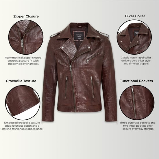 Herren braune Kuhleder-Alligatoren-Jacke mit geprägtem Biker-Muster – Kölnisch - Image 3