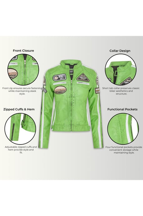 Damen-Biker-Rennabzeichen grüne Lederjacke – Ahorn - Image 4
