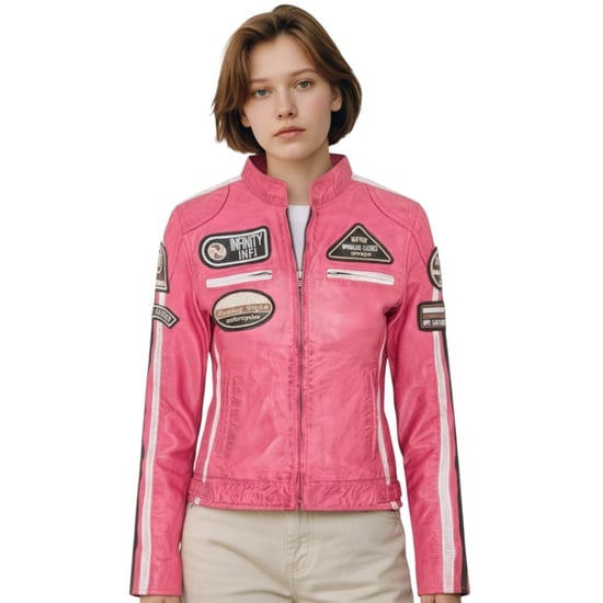 Damen-Biker-Rennabzeichen Fuchsia-Lederjacke-Incheon - Image 1