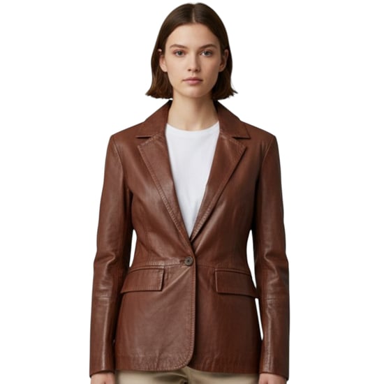 Damenbeige italienische Lederblazerjacke – Chongqing - Image 1