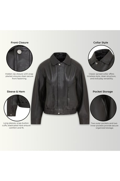 Damen Schwarze Leder-Biker Blouson Bomber Oversized Jacke – Moon - Image 4