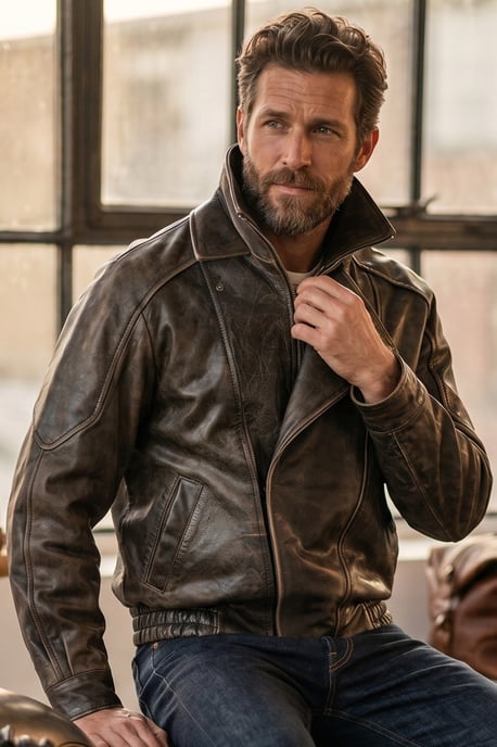 Herren Braune Kuhleder-Biker Blouson-Jacke – Bomber - Image 1