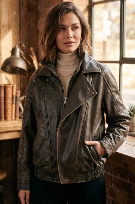 Damen braunes Kuhleder Big Bomber Biker Blouson Oversized Jacke – Bloom - Image 1