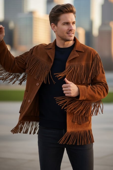Herren Western Retro Tan Cowboy Wildlederfransenjacke – Karmesinrot - Image 1