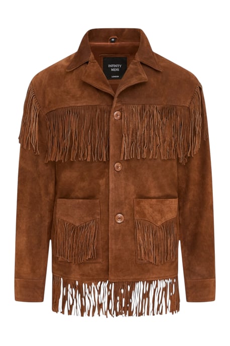 Herren Western Retro Tan Cowboy Wildlederfransenjacke – Karmesinrot - Image 2