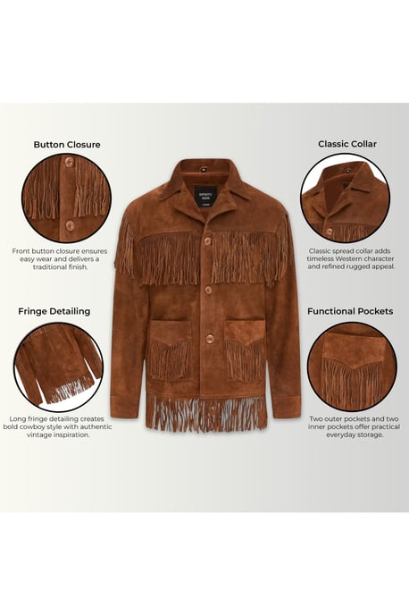 Herren Western Retro Tan Cowboy Wildlederfransenjacke – Karmesinrot - Image 4