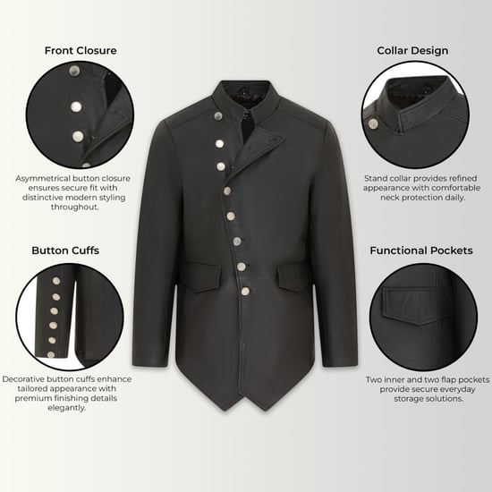 Herren schwarze Leder-Mandarin-Militärjacke – Lucifer - Image 2