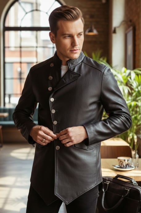 Herren Schwarze Leder-Mandarin-Militär-Assymetrische Jacke – Silent - Image 1