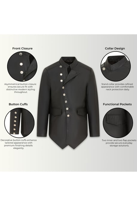 Herren Schwarze Leder-Mandarin-Militär-Assymetrische Jacke – Silent - Image 4