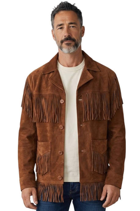 Herren Western Retro Tan Cowboy Wildleder Lederfransenjacke – Braga - Image 1