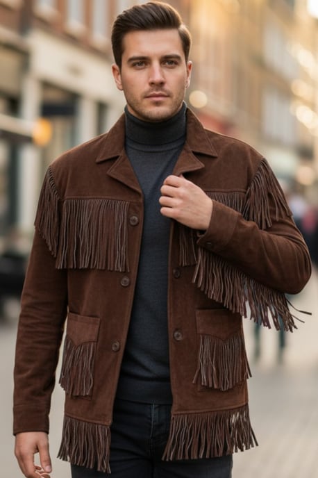 Herren Western Retro Braune Cowboy-Wildlederfransenjacke – Karmesinrot - Image 1