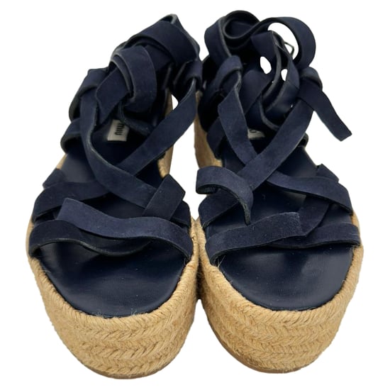 Miu Miu Sandalen mit Riemchen und Espadrille-Plateau aus navyblauem Leder und Wildleder - Image 2
