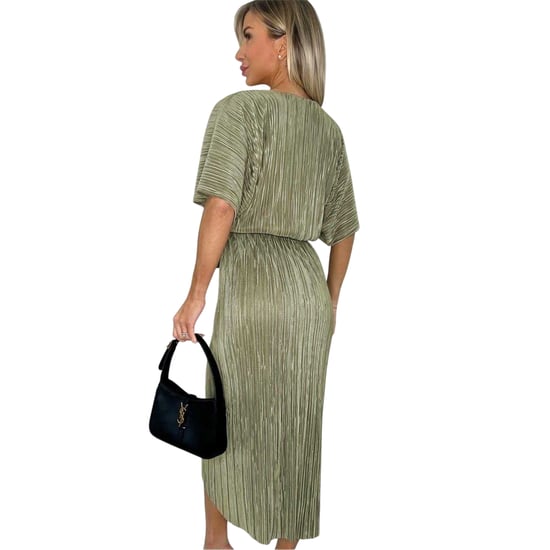 AX Paris - Midikleid für Damen, Stoffgürtel, Plissee, kurzärmlig (Helles Khaki) - Image 2