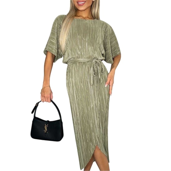 AX Paris - Midikleid für Damen, Stoffgürtel, Plissee, kurzärmlig (Helles Khaki) - Image 3