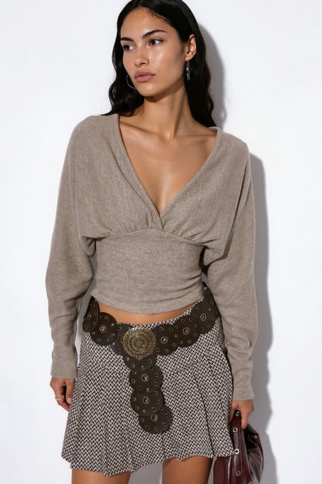 Damen V-Ausschnitt Crop Strick Wickeloberteil - Image 1