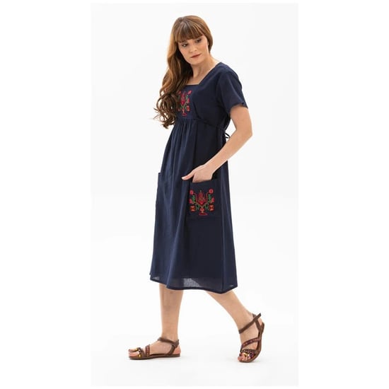 Kurzärmeliges Sommerkleid aus Shile-Stoff in Übergröße, Angel-Midi-Länge, Marineblau, LCVT - Image 2
