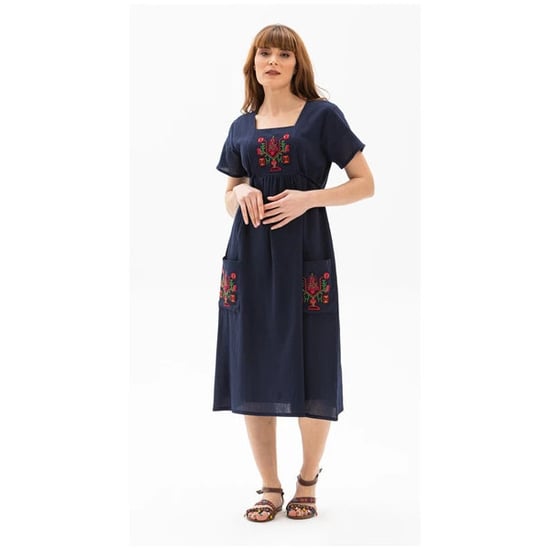 Kurzärmeliges Sommerkleid aus Shile-Stoff in Übergröße, Angel-Midi-Länge, Marineblau, LCVT - Image 4