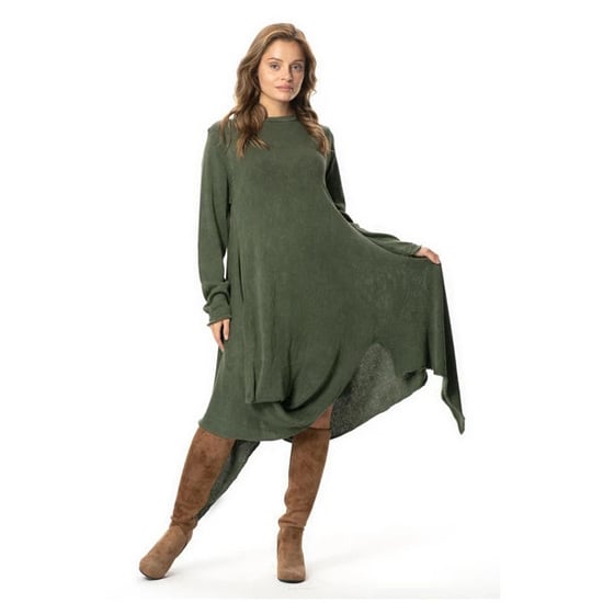 Handan Langarm-Strickkleid mit asymmetrischem Schnitt, fließend, Midi-Länge, Khaki, HK - Image 3