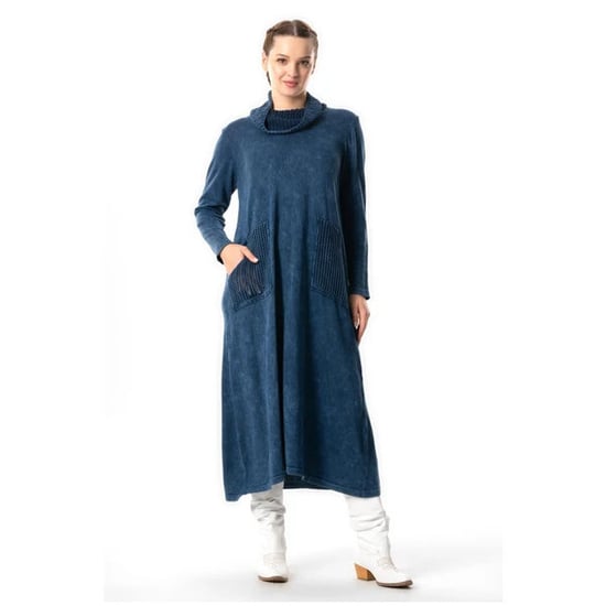 Langärmliges Strickkleid mit weitem Rollkragen, Taschen, Sevda, Herbst- und Winterkleid, Indigo - Image 1