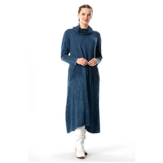 Langärmliges Strickkleid mit weitem Rollkragen, Taschen, Sevda, Herbst- und Winterkleid, Indigo - Image 3