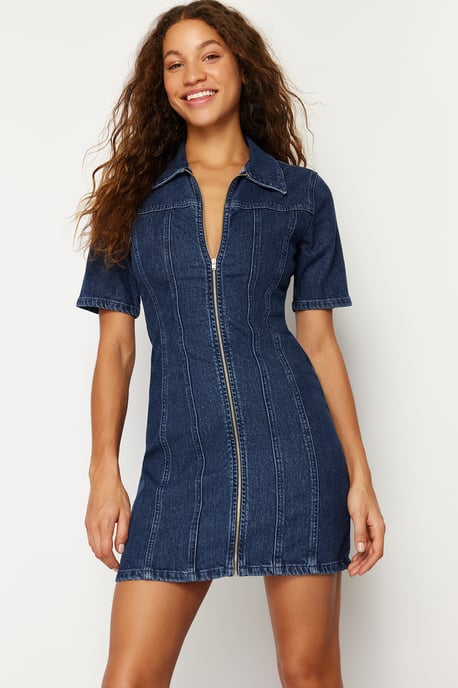 Damen Blau Unifarben Mini Kurzes Lässiges Figurbetontes Kleid - Image 2