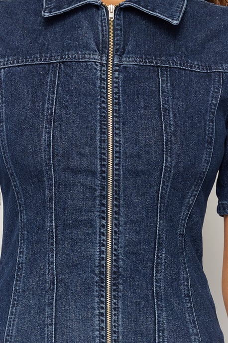 Damen Blau Unifarben Mini Kurzes Lässiges Figurbetontes Kleid - Image 3