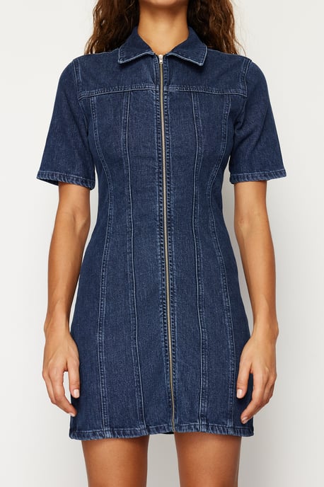 Damen Blau Unifarben Mini Kurzes Lässiges Figurbetontes Kleid - Image 4